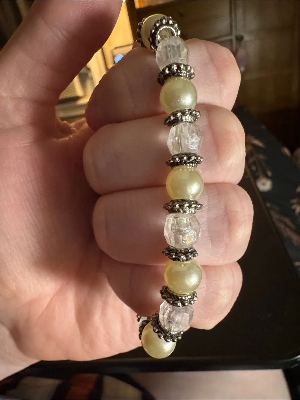Ivory Pearl and Clear Crystal Stretch Bracelet
